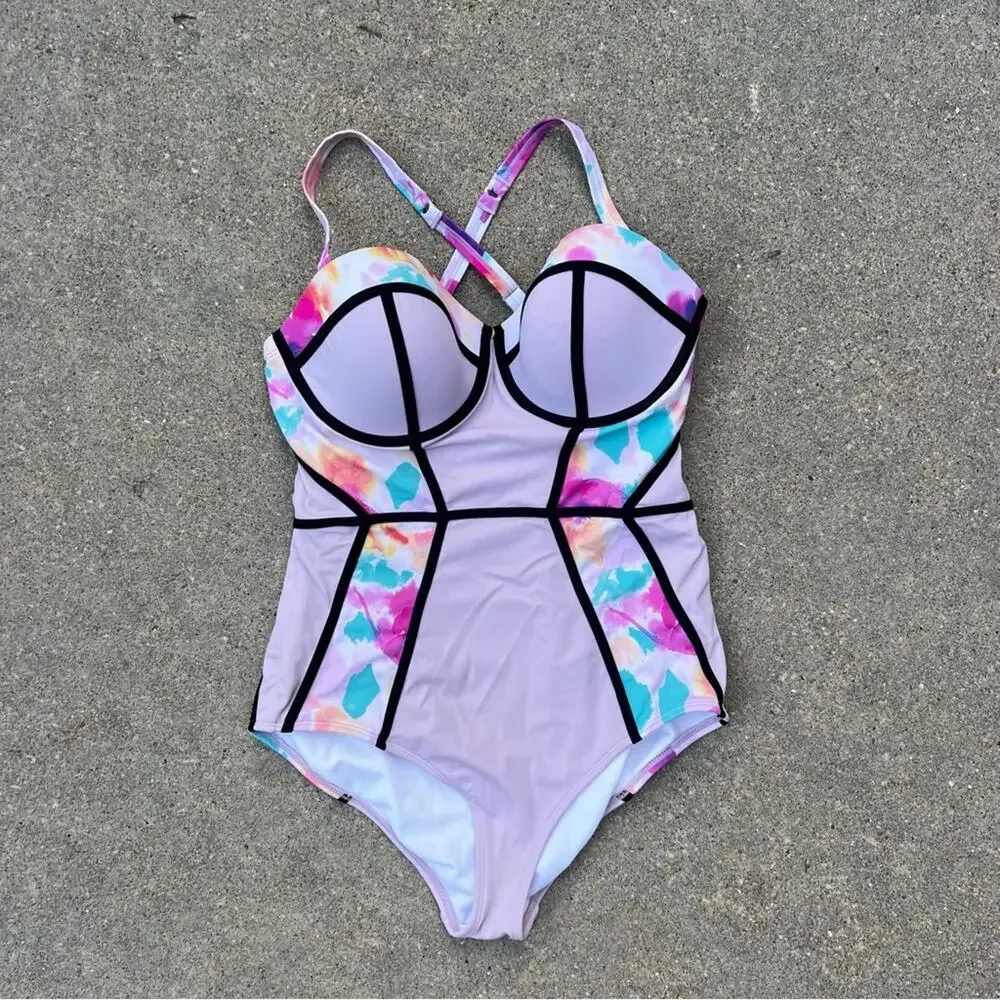 Torrid Slim Fix Underwire Piping One Piece Swimsuit Purple Floral Water 0 D/DD
